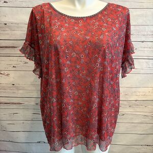 Max Studio Blouse Plus Size 3X Short Flutter Sleeve Top Red Floral Lined NWT $78